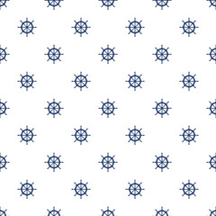 White seamless pattern with blue ship wheel.
