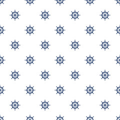 White seamless pattern with blue ship wheel.