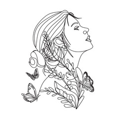 Woman face with butterfly and flowers. Line art female hands with butterflies. One line vector drawing. Portrait minimalistic style. Botanical print. Nature symbol of cosmetics.