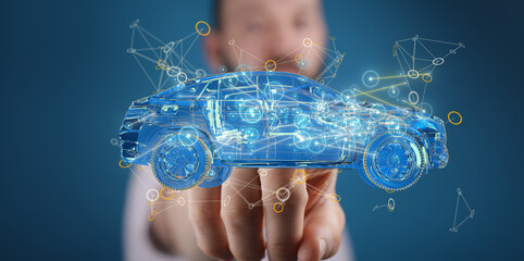 Hologram auto, futuristic polygonal model auto.