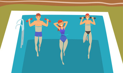 Young Man and Woman with Dumbbells in Swimming Pool Doing Physical Exercise Vector Set