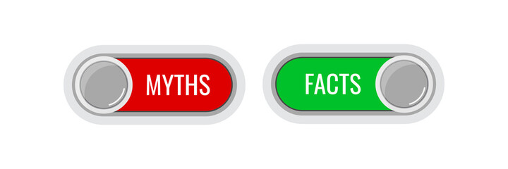 Myth and fact switches sliders buttons set. Red and green toggles for fake vs truth symbols. Flat design vector illustration.