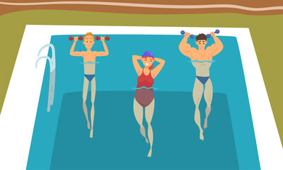 Young Man and Woman with Dumbbells in Swimming Pool Doing Physical Exercise Vector Set