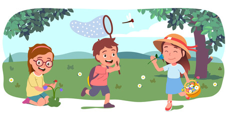 Obraz na płótnie Canvas Kids walk, pick flowers, catch butterflies on lawn