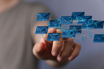  touching 3D rendering flying email icon with his fin