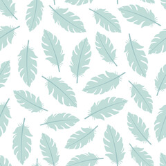 Fototapeta premium White seamless pattern with blue flamingo feathers.