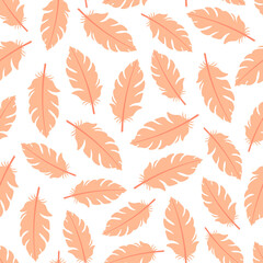 White seamless pattern with pink flamingo feathers.