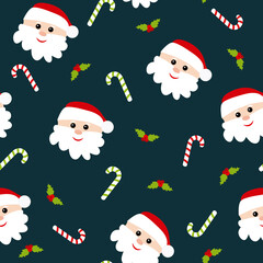Christmas seamless pattern with Santa Claus, candy cane and holly. Vector illustration.