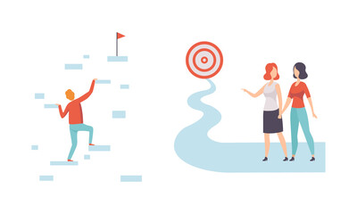 Young Man and Woman Engaged in Business Goal Achievement Aiming at Target Vector Set
