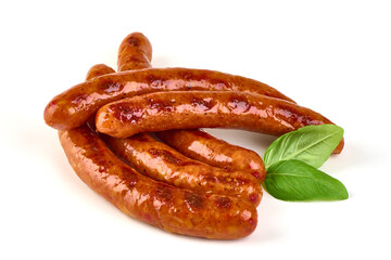 Grilled pork sausages, grill sausages, isolated on white background.