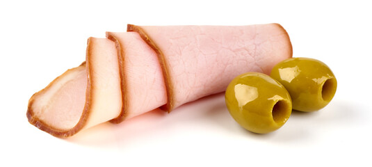 Natural smoked pork loin, isolated on white background.