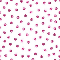 White seamless pattern with purple paws.
