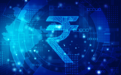 Indian Rupee shape with circuit lines, Technology Background, Digital India Concept. Digital Money, Abstract finance background, Stock market chart, Indian Rupee symbol on financial Background