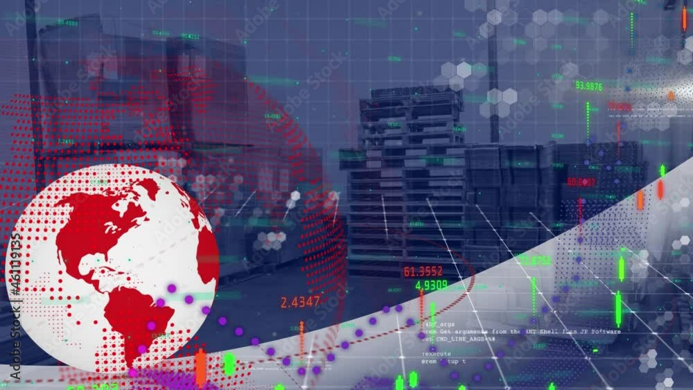 Poster animation of globe and digital interface with data processing over warehouse