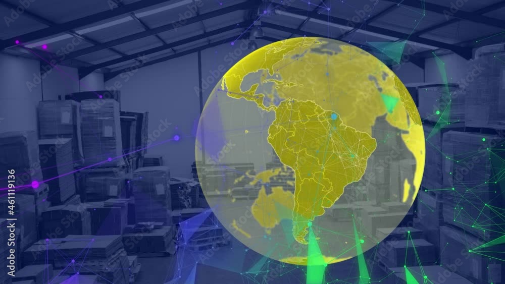 Poster animation of globe and digital interface with data processing over warehouse