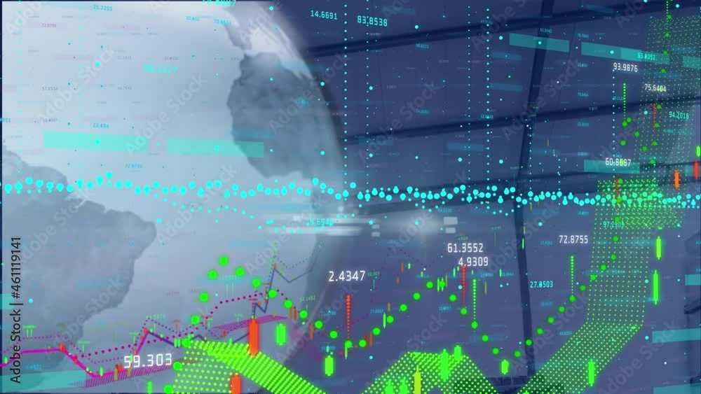 Poster animation of globe and digital interface with data processing over warehouse