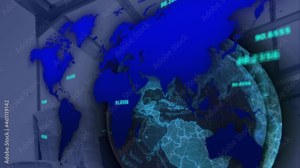 Poster animation of globe and digital interface with data processing over warehouse