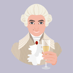 An avatar of a man in a powdered white wig and a man's dress from the 18th century holds a glass of champagne in his hand. Aristocracy. Flat vector illustration.