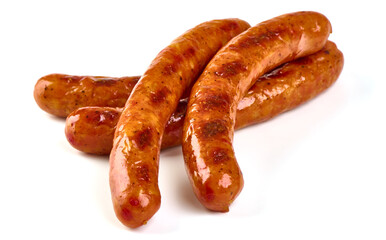 Grilled pork sausages, grill sausages, isolated on white background.