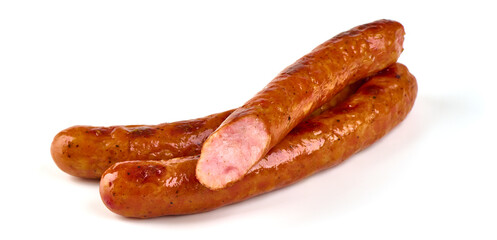 Roasted sausages, isolated on white background.