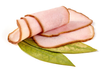 Natural smoked pork loin slices, isolated on white background.