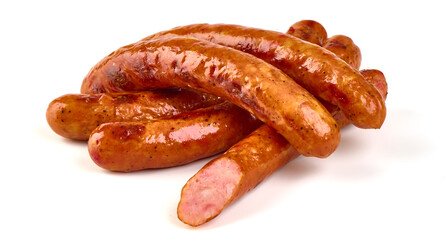 Grilled pork sausages, grill sausages, isolated on white background.