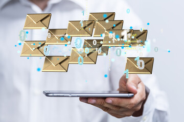 holding smartphone and checking email online on web with