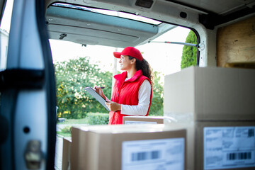 Portrait of hardworking female courier arranging packages before delivery.