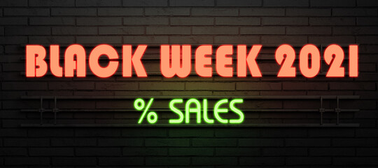 Obraz premium neon sign with message BLACK FRIDAY 2021 SALES on a dark brick wall background