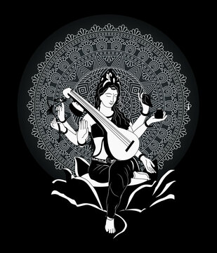 Goddess Laksmi, Shiva Ganesha Saraswati Drawing Coloring book, Sarawati,  monochrome, fictional Character png | PNGEgg