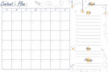 Content plan. Content planner for the month. Minimalistic design in blue and yellow colors. Light bulbs, paper airplanes