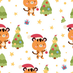 Seamless pattern with cute tiger, parrot, presents and Christmas tree. Chinese New Year symbol. Cute cartoon characters. Vector illustration.