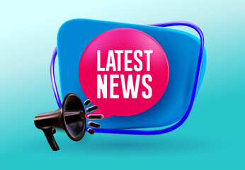 Latest news megaphone label. Black plastic megaphone with shadow. 3d realistic vector illustration. Isolated on blue background. - obrazy, fototapety, plakaty