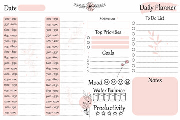 Daily planner. Schedule by the hour, minimal design with flowers. Pink, black colors