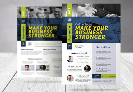 Online Event Business Flyer with Green and Blue Accents