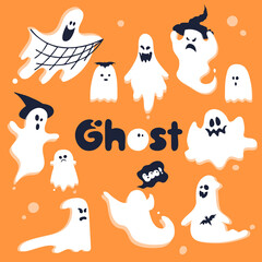 White ghosts on an orange background. Vector graphics for Halloween. Cute scary cartoon characters.