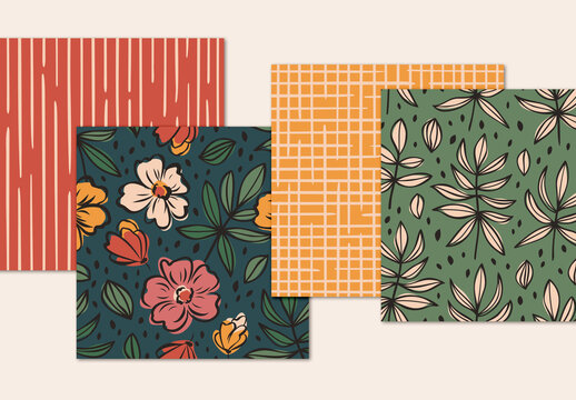 Patterns Set with Hand Drawn Flowers Leaves and Stripes Elements