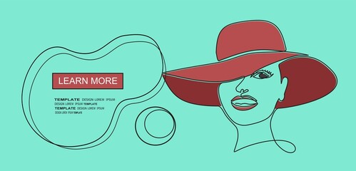 Woman in hat vector one line art. Line illustration. Minimalist print. Black and white. Beauty logo. portrait of young modern woman wearing hat. isolated female portrait. Line art