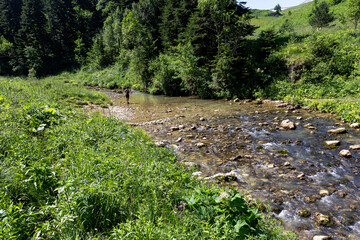 Mountain rivers, sources of ecologically clean resources of water reserves on the planet, a sunny summer day.