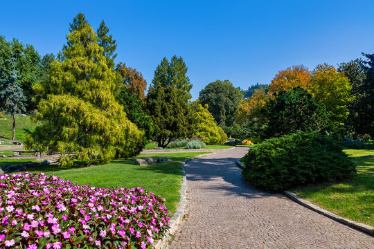 Walkway, green grass and colorful trees at Valentino park in Turin, Italy.