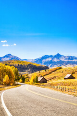 Last Dollar Road Beautiful by Brilliant Yellow Aspen Trees in the Fall with Clear Blue Skies, Colorado
