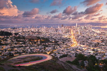 San Francisco Skyline View from Twin Peaks with Vivid Warm Sky Colors, California
