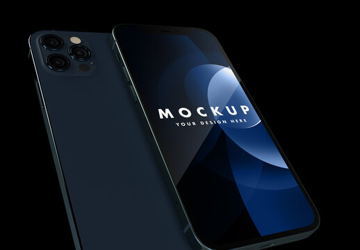 iphone 12 Pro Pacific Blue Color in Front and Back Left Side View and Black Background