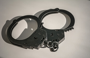 Metal black handcuffs close-up on a white background. Special police equipment. Restriction of...