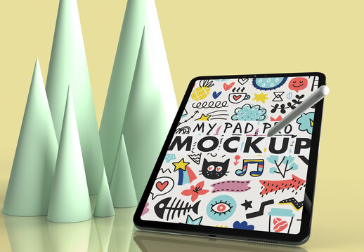 Tablet Mockup with Colorful Yellow Cones Background and a Sketchy Doodle Digital Pen