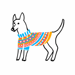 Vector linear, flat, isolated illustration with a dog in a sweater. The concept of clothing for animals, accessories. It can be used in web design, posters, posters.