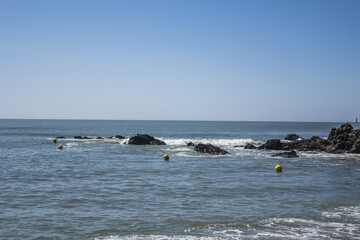 Fototapeta premium Atlantic Ocean and beach at Saint-Marc-Sur-Mer. Saint-Marc-sur-Mer - seaside resort in commune of Saint-Nazaire, department of Loire-Atlantique, region of Pays de la Loire, France.