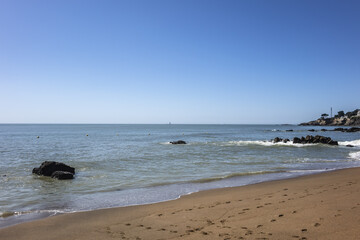 Atlantic Ocean and beach at Saint-Marc-Sur-Mer. Saint-Marc-sur-Mer - seaside resort in commune of Saint-Nazaire, department of Loire-Atlantique, region of Pays de la Loire, France.