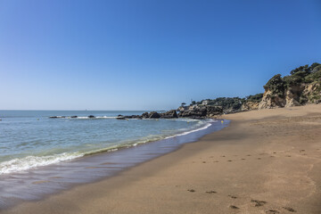 Atlantic Ocean and beach at Saint-Marc-Sur-Mer. Saint-Marc-sur-Mer - seaside resort in commune of Saint-Nazaire, department of Loire-Atlantique, region of Pays de la Loire, France.