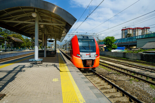 Sochi,  Russia - April 17.2018: high-speed train on the railway station of Sochi. electric train LASTOCHKA in Sochi